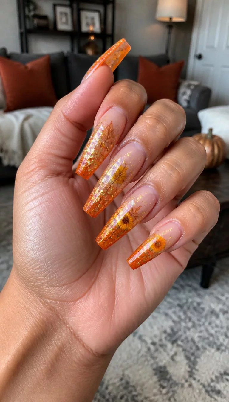 Encapsulated Leaves On Long Coffin Tips A photorealistic close-up shot of a woman's medium skin tone hand with five fingers, showcasing coffin-shaped very long nails featuring an orange gradient and glitter, featuring pressed leaves and floral accents, living room background