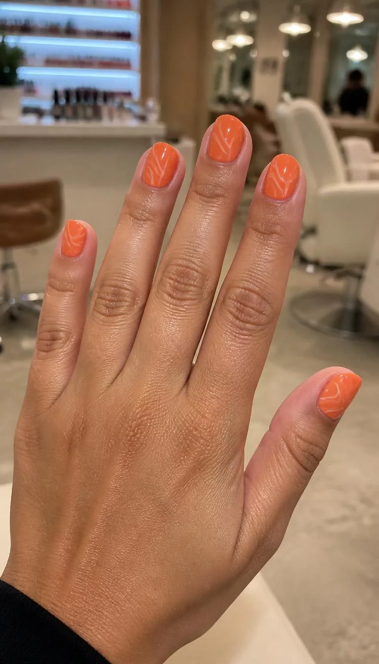 Vibrant Swirls On Short Rounded Nails A photorealistic close-up shot of a woman's tan skin tone hand with five fingers, showcasing short, rounded nails featuring a vibrant orange polish and simple swirl line art in a lighter shade, nail salon background
