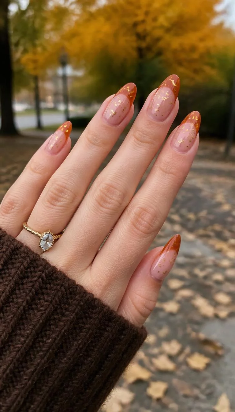 Celestial Harvest French Tips A photorealistic close-up shot of a woman's fair skin tone hand with five fingers, showcasing almond-shaped medium-length nails featuring clear French tips in burnt orange, adorned with small gold star accents and dots, outdoor fall background