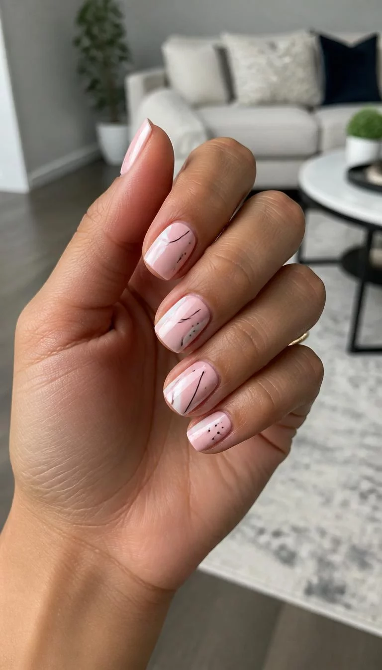 Pastel Pink and Black Geometry A photorealistic close-up shot of a woman's tan skin tone hand with five fingers, showcasing short square-shaped nails featuring a delicate design in pastel pink and white, accented with thin black lines and tiny dots, living room background