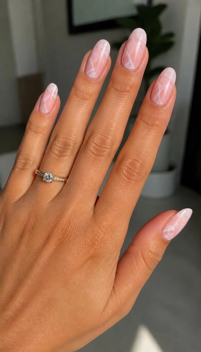 White Veined Pink Marble A photorealistic close-up shot of a woman's tan skin tone hand with five fingers, showcasing almond-shaped medium-length nails featuring a soft pink base with delicate white veining, resembling marble or swirling clouds, indoor background