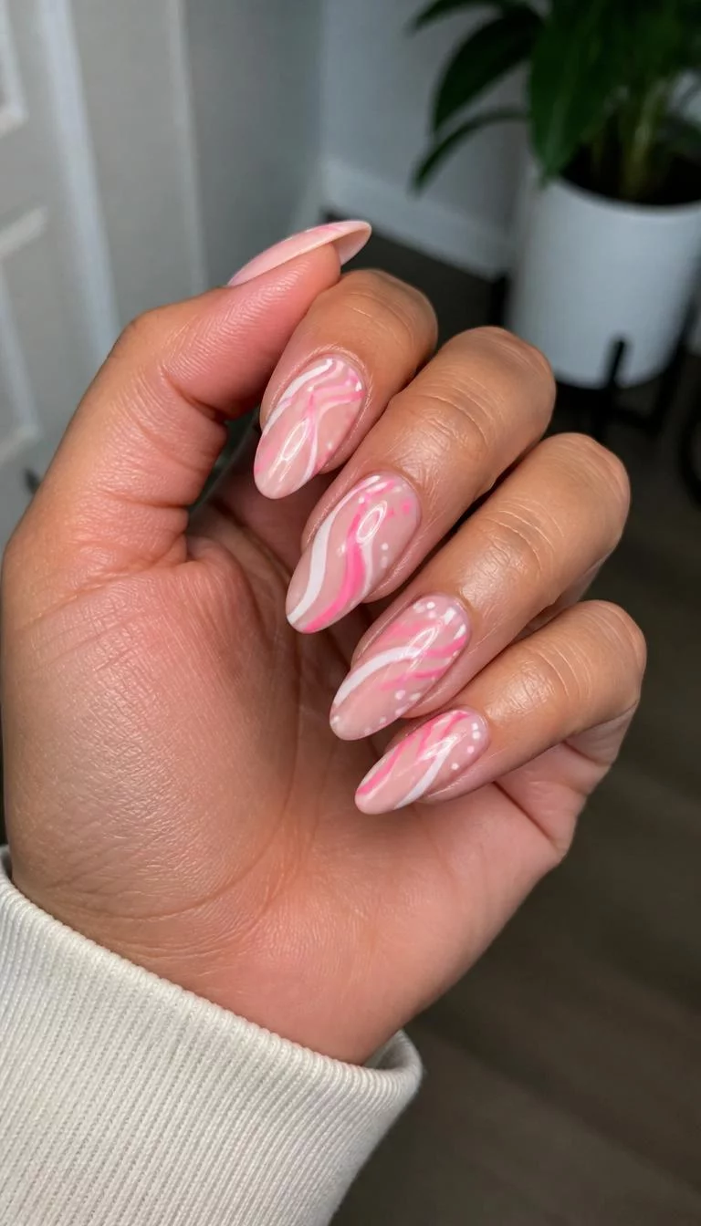 Abstract Swirls and Artistic Dots A photorealistic close-up shot of a woman's medium skin tone hand with five fingers, showcasing almond-shaped medium-length nails featuring a light base with abstract pink and white swirls and dot accents, indoor background