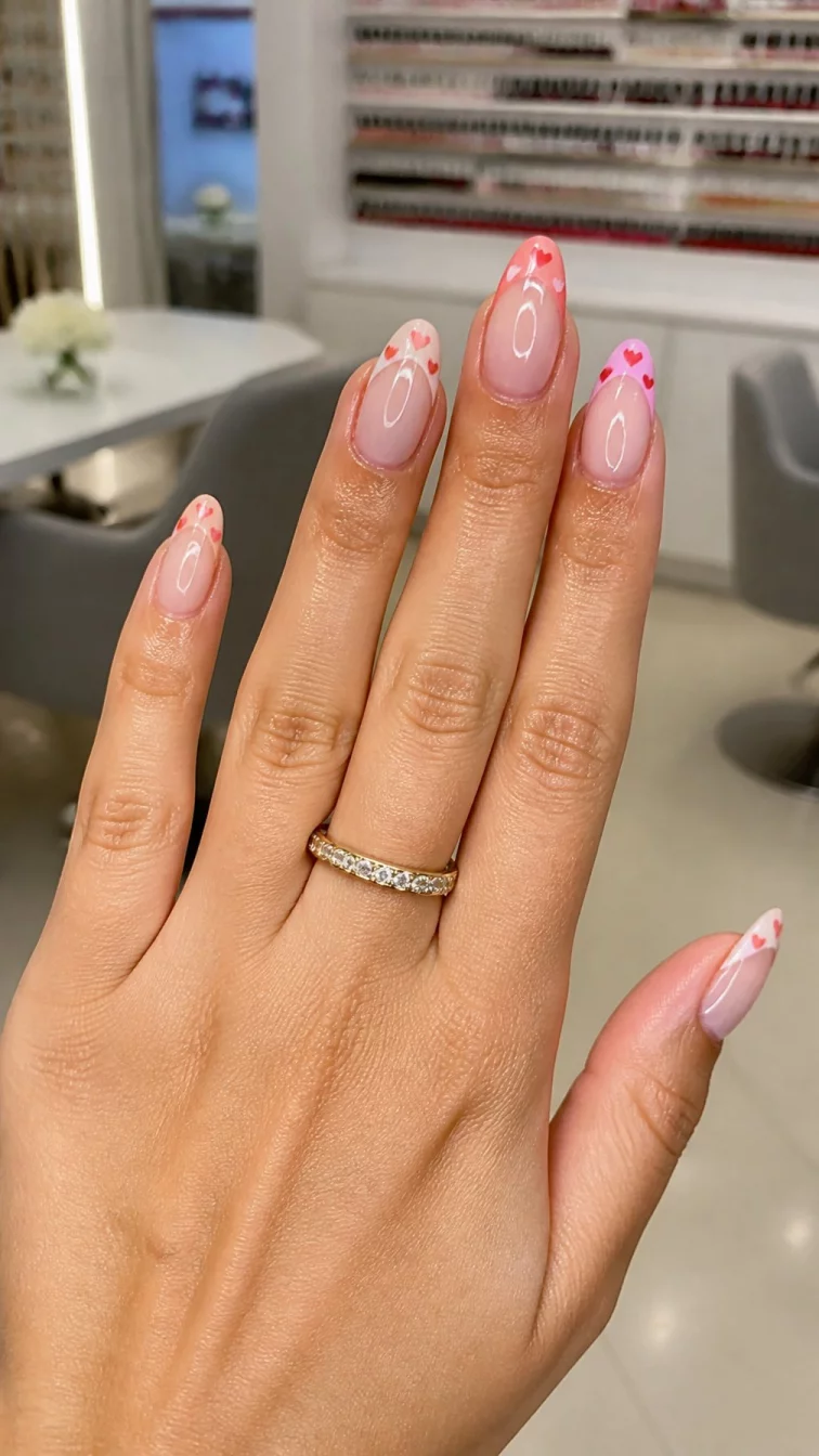 A photorealistic close-up shot of a woman's tan skin tone hand with five fingers, showcasing almond-shaped medium-length nails featuring French tips with red and pink hearts and a gradient of pink and peach, nail salon background
