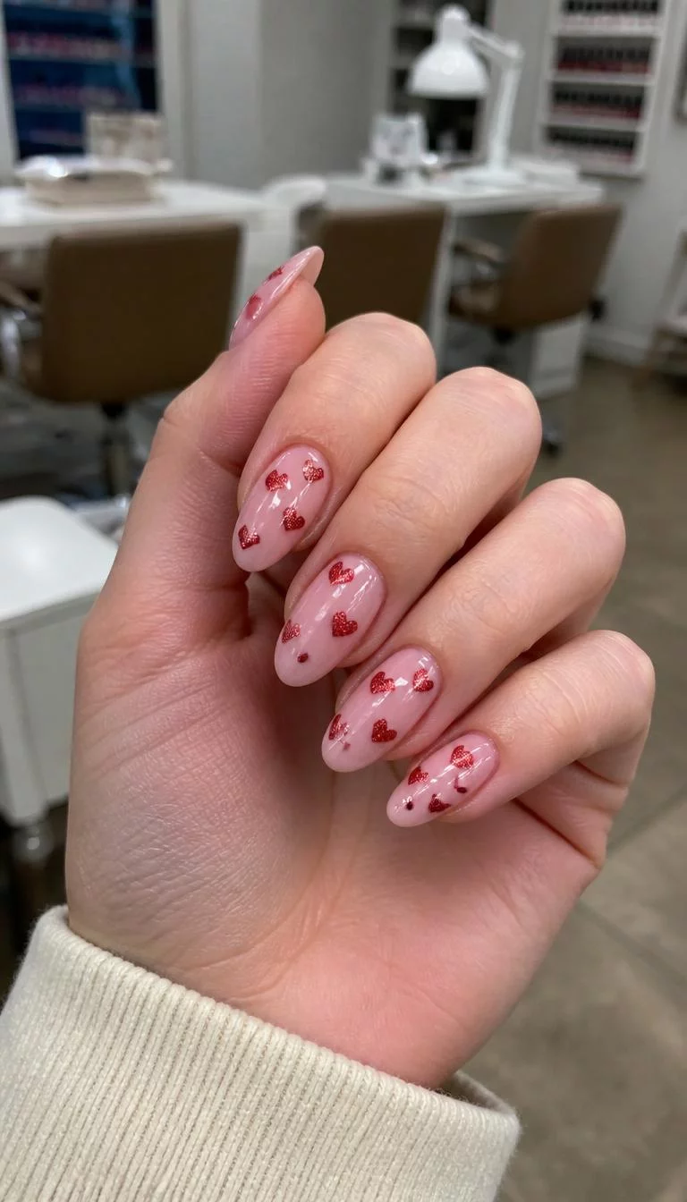 Romantic Red Heart Accents A photorealistic close-up shot of a woman's fair skin tone hand with five fingers, showcasing almond-shaped medium-length nails featuring a soft pink base with scattered red glitter hearts, nail salon background