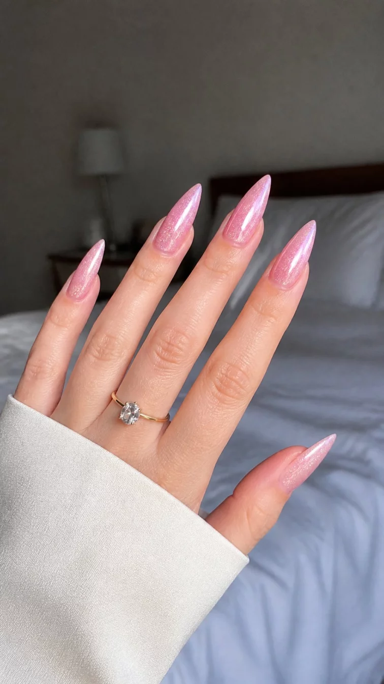 A photorealistic close-up shot of a woman's fair skin tone hand with five fingers, showcasing stiletto-shaped long nails featuring a sheer, shimmering pink polish, giving a subtle glitter effect, bedroom background