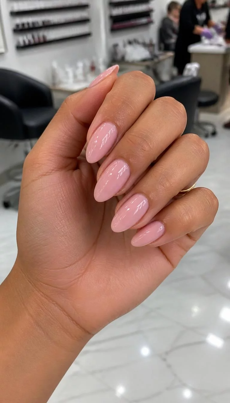 Muted Pink Minimalism A photorealistic close-up shot of a woman's tan skin tone hand with five fingers, showcasing long almond-shaped nails with a soft, muted pink polish, nail salon background