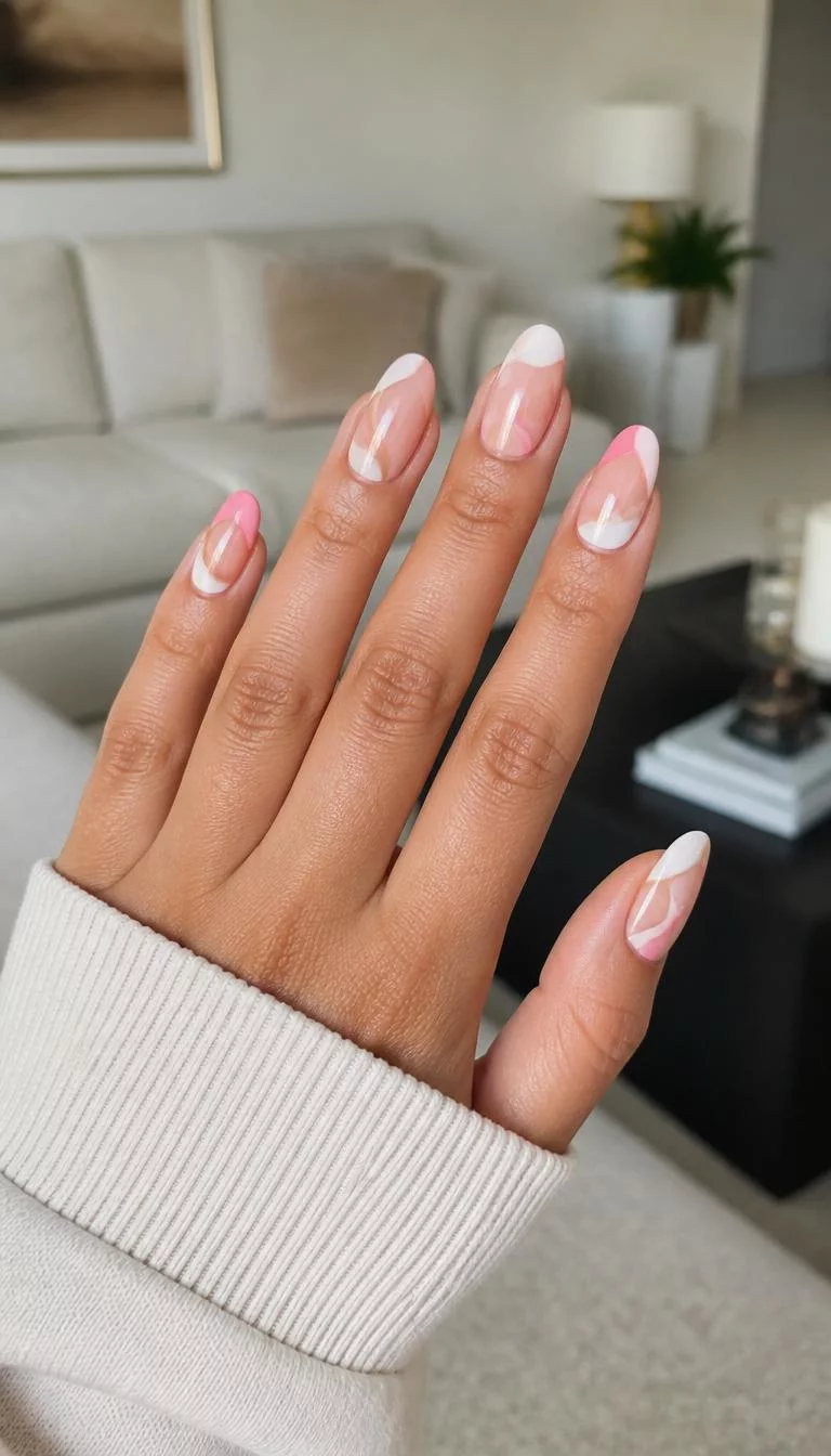 Modern Abstract Trio A photorealistic close-up shot of a woman's tan skin tone hand with five fingers, showcasing medium-length almond-shaped nails adorned with a modern abstract design featuring pink, white, and a light beige hue, living room background