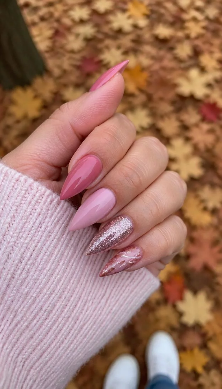Mixed Stiletto Textures A photorealistic close-up shot of a woman's medium skin tone hand with five fingers, showcasing stiletto-shaped medium-length nails featuring a mix of pink tones and textures, outdoor fall background