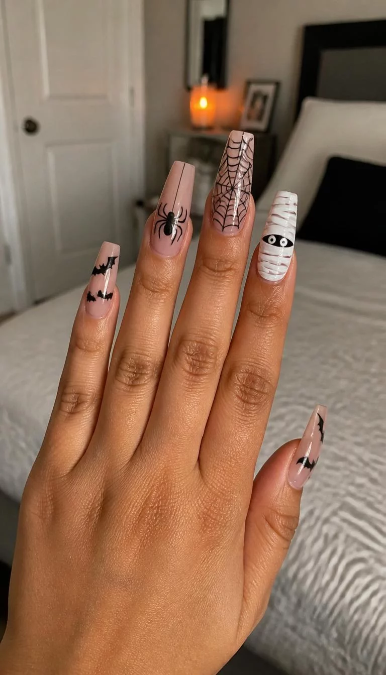 Sheer Halloween Coffin Tones A photorealistic close-up shot of a woman's medium skin tone hand with five fingers, showcasing long coffin-shaped nails featuring a Halloween theme with bats, spiders, spiderwebs, and mummy wrappings on a sheer base color, bedroom background