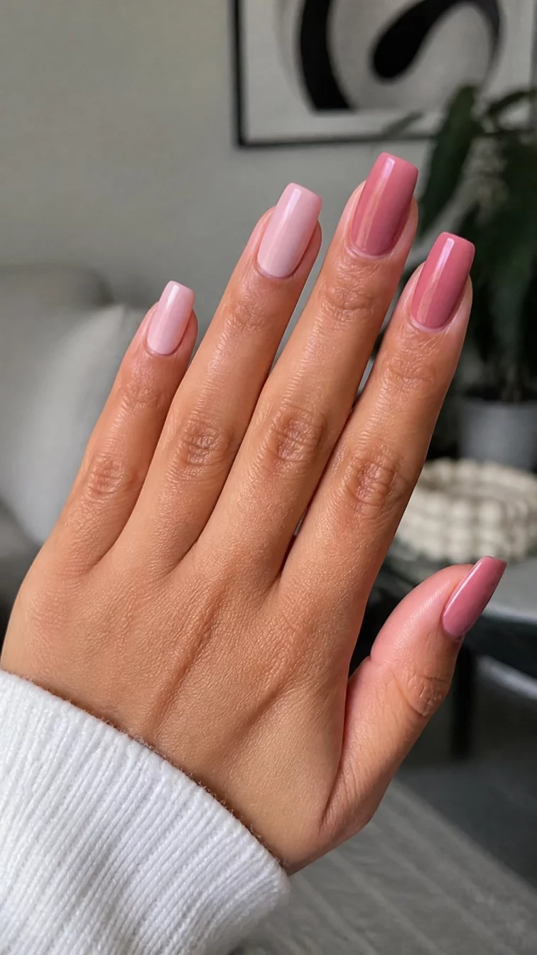 A photorealistic close-up shot of a woman's olive skin tone hand with five fingers, showcasing long squoval-shaped nails painted in a gradient of soft pinks and a dusty rose hue, indoor background