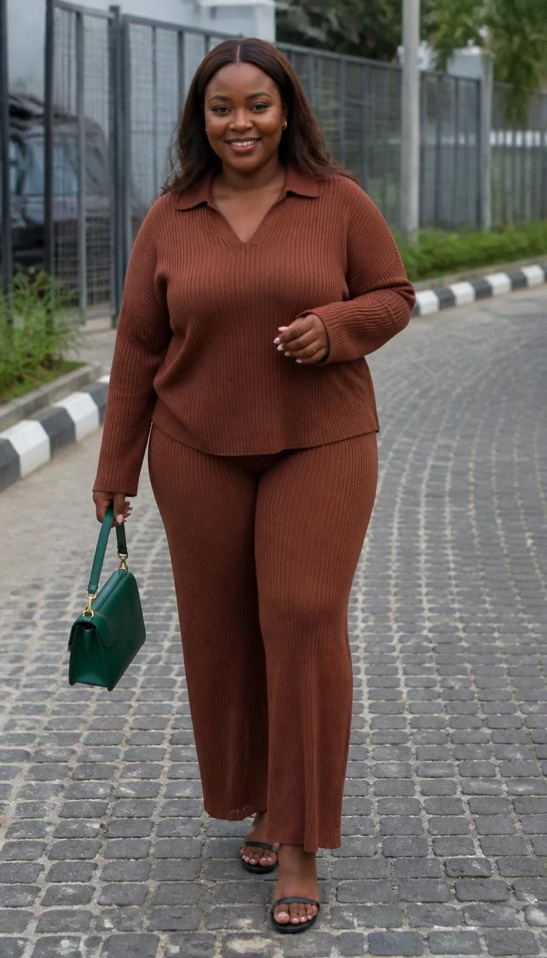 Brown Knit Co-ord Set With Green Bag A photorealistic full body shot of a 25-year-old Black African plus-size woman with a oblong face, golden brown, aquiline nose, feathered eyebrows, and full lips. Her face features gap between front teeth, slightly flushed cheeks, and subtle natural facial asymmetry. She has almond-shaped gray eyes, high cheekbones, closed-mouth smile, cheerful. She has dark brown hair and is wearing a brown knit co-ord set and black sandals, holding a green bag, walking down a cobblestone street, everyday social media post aesthetic, high-quality mobile photography, shot on an iPhone 14.