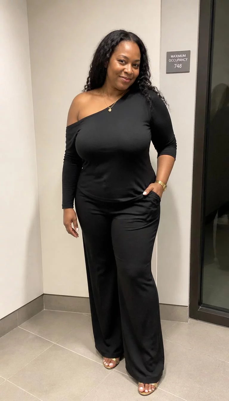 A photorealistic full body shot of a 41-year-old Afro-Caribbean plus-size woman with a oblong face, light, broad nose, straight eyebrows, and wide lips. Her face features widow