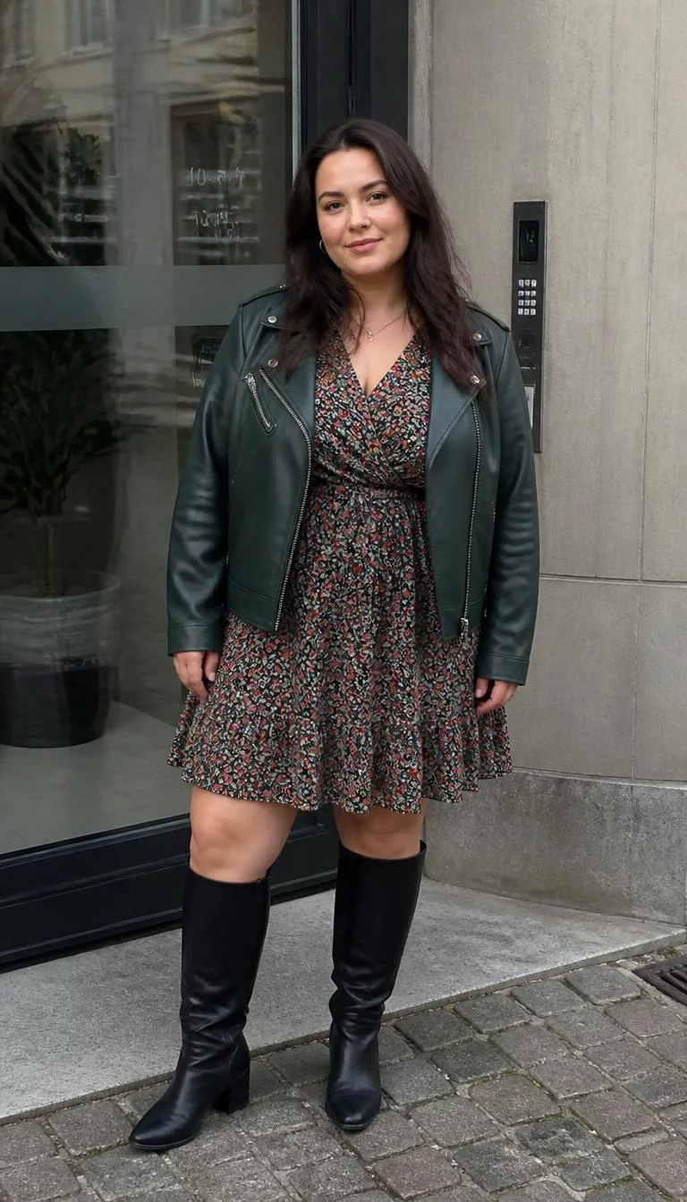Floral Print Dress With Green Faux Leather Moto Jacket A photorealistic full body shot of a 25-year-old Northern European plus-size woman with a square face, olive, narrow nose, softly curved eyebrows, and wide lips. Her face features small scar on the eyebrow, slightly flushed cheeks, and subtle natural facial asymmetry. She has downturned gray eyes, soft cheekbones, closed-mouth smile, relaxed. She has dark brown hair and is wearing a floral print dress, a dark green faux leather moto jacket, and black knee-high boots, everyday social media post aesthetic, high-quality mobile photography, shot on an iPhone 14.