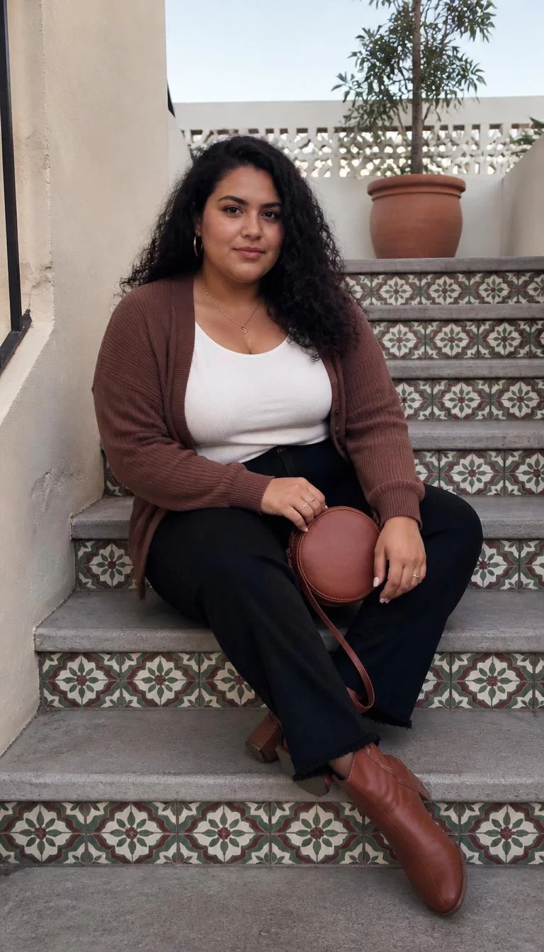 Brown Cardigan And Black Jeans With Round Bag A photorealistic full body shot of a 28-year-old South Asian plus-size woman with a diamond face, olive, button nose, feathered eyebrows, and thin lips. Her face features slightly crooked smile, faint under-eye shadows, and subtle natural facial asymmetry. She has deep-set brown eyes, pronounced cheekbones, neutral expression, confident. She has dark, curly hair and is wearing a white top, brown cardigan, black jeans, and brown boots, holding a round bag, sitting on stairs, everyday social media post aesthetic, high-quality mobile photography, shot on an iPhone 14.
