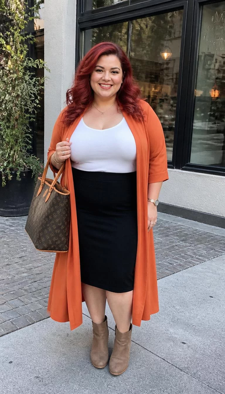 Orange Duster And White Top With Black Skirt A photorealistic full body shot of a 37-year-old Middle Eastern plus-size woman with a diamond face, light, straight nose, thin arched eyebrows, and full lips. Her face features widow's peak hairline, faint under-eye shadows, and subtle natural facial asymmetry. She has downturned blue eyes, soft cheekbones, broad smile, cheerful. She has red waved hair and is wearing an orange duster, white top, and black skirt, with tan booties and a large tote bag, everyday social media post aesthetic, high-quality mobile photography, shot on an iPhone 14.
