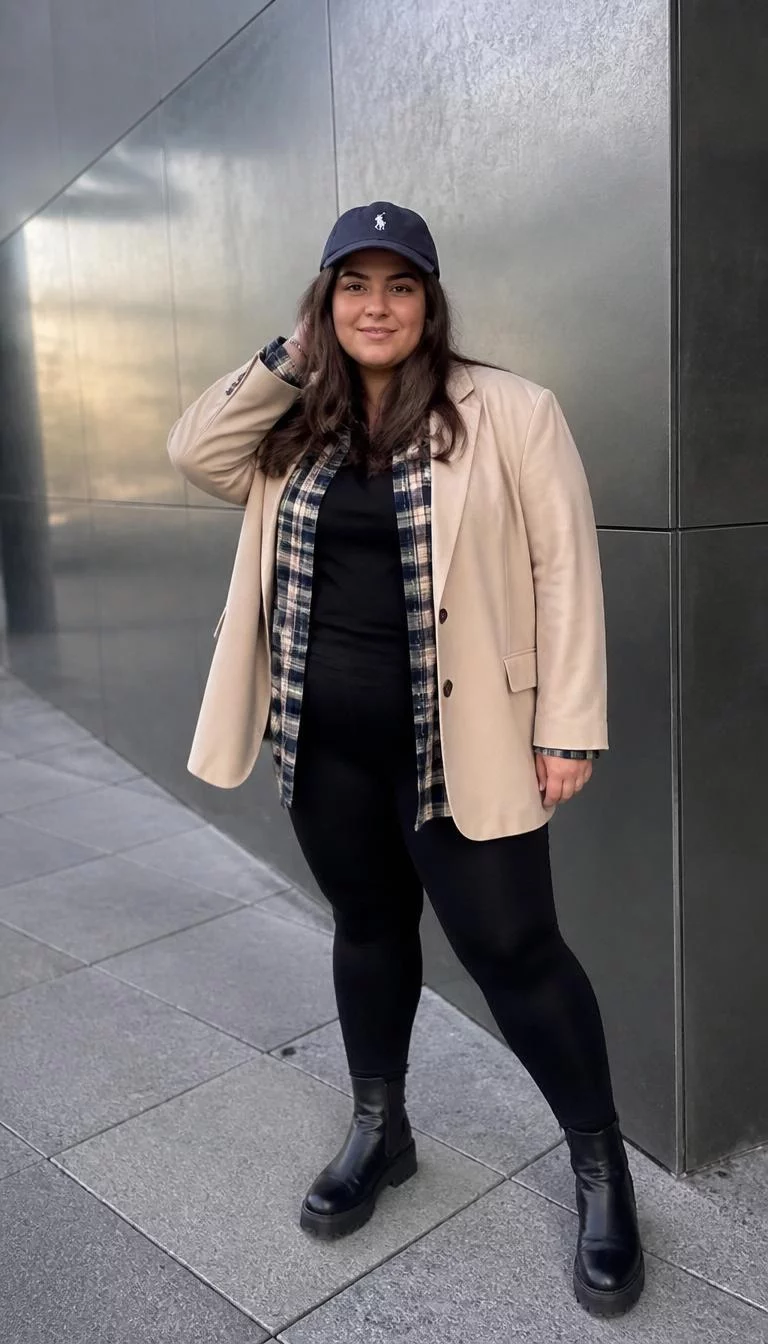 Beige Blazer And Plaid Shirt With Navy Baseball Cap A photorealistic full body shot of a 24-year-old Southern European plus-size woman with a pear-shaped face, dark brown, broad nose, thick natural eyebrows, and wide lips. Her face features uneven eyebrows, slightly flushed cheeks, and subtle natural facial asymmetry. She has almond-shaped blue eyes, pronounced cheekbones, broad smile, confident. She has brown hair and is wearing a beige blazer over a plaid shirt, black top, black leggings, and black boots, with a navy baseball cap, everyday social media post aesthetic, high-quality mobile photography, shot on an iPhone 14.
