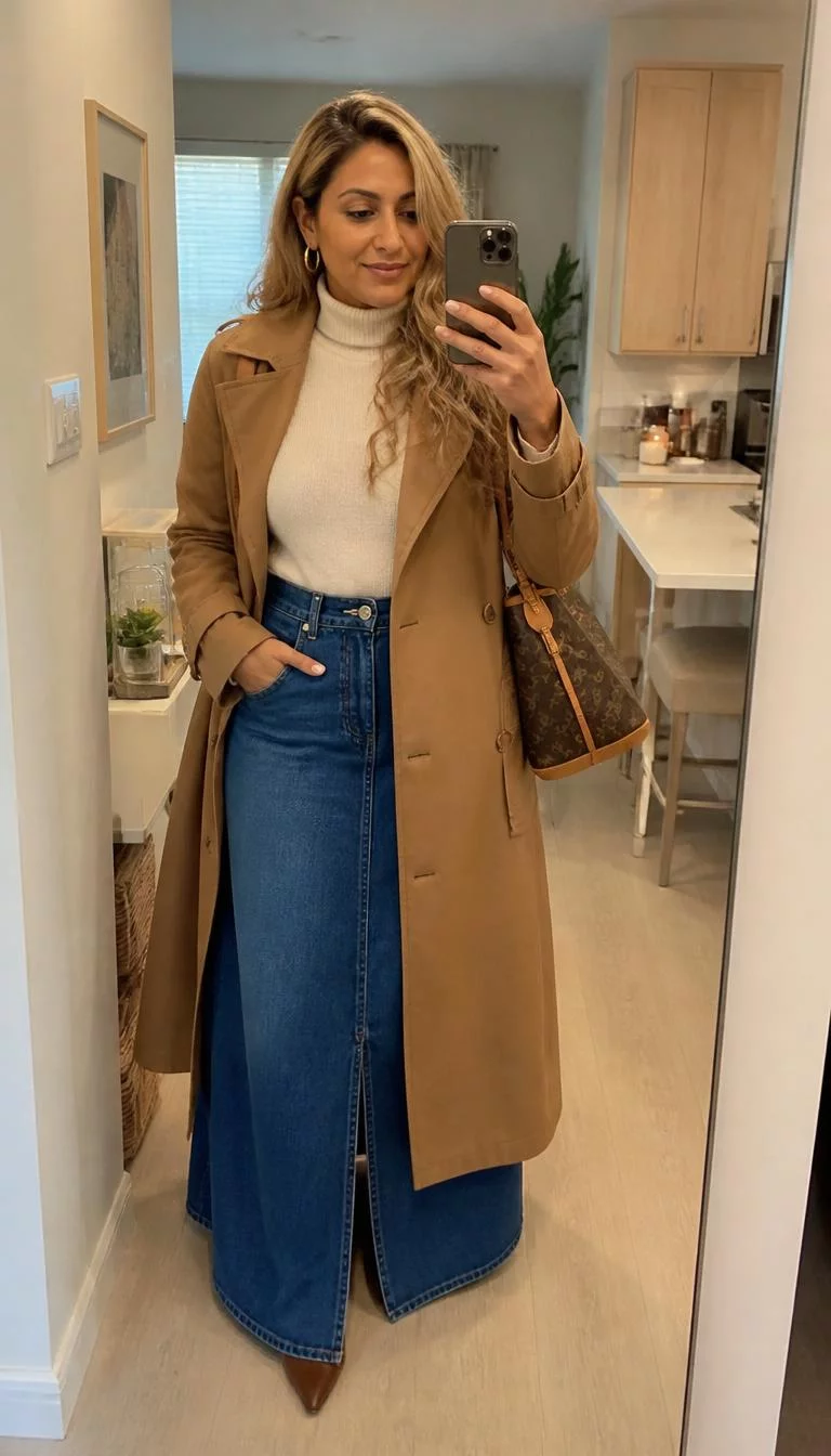 Denim Maxi Skirt And Brown Trench Coat With Cream Turtleneck A photorealistic full body shot of a 43-year-old South Asian plus-size woman with a pear-shaped face, dark brown, aquiline nose, straight eyebrows, and heart-shaped lips. Her face features uneven eyebrows, faint under-eye shadows, and subtle natural facial asymmetry. She has round hazel eyes, soft cheekbones, closed-mouth smile, cheerful. She has blonde, wavy hair and is wearing a cream turtleneck, denim maxi skirt, and brown trench coat, she holds a designer bag, mirror selfie, everyday social media post aesthetic, high-quality mobile photography, shot on an iPhone 14.