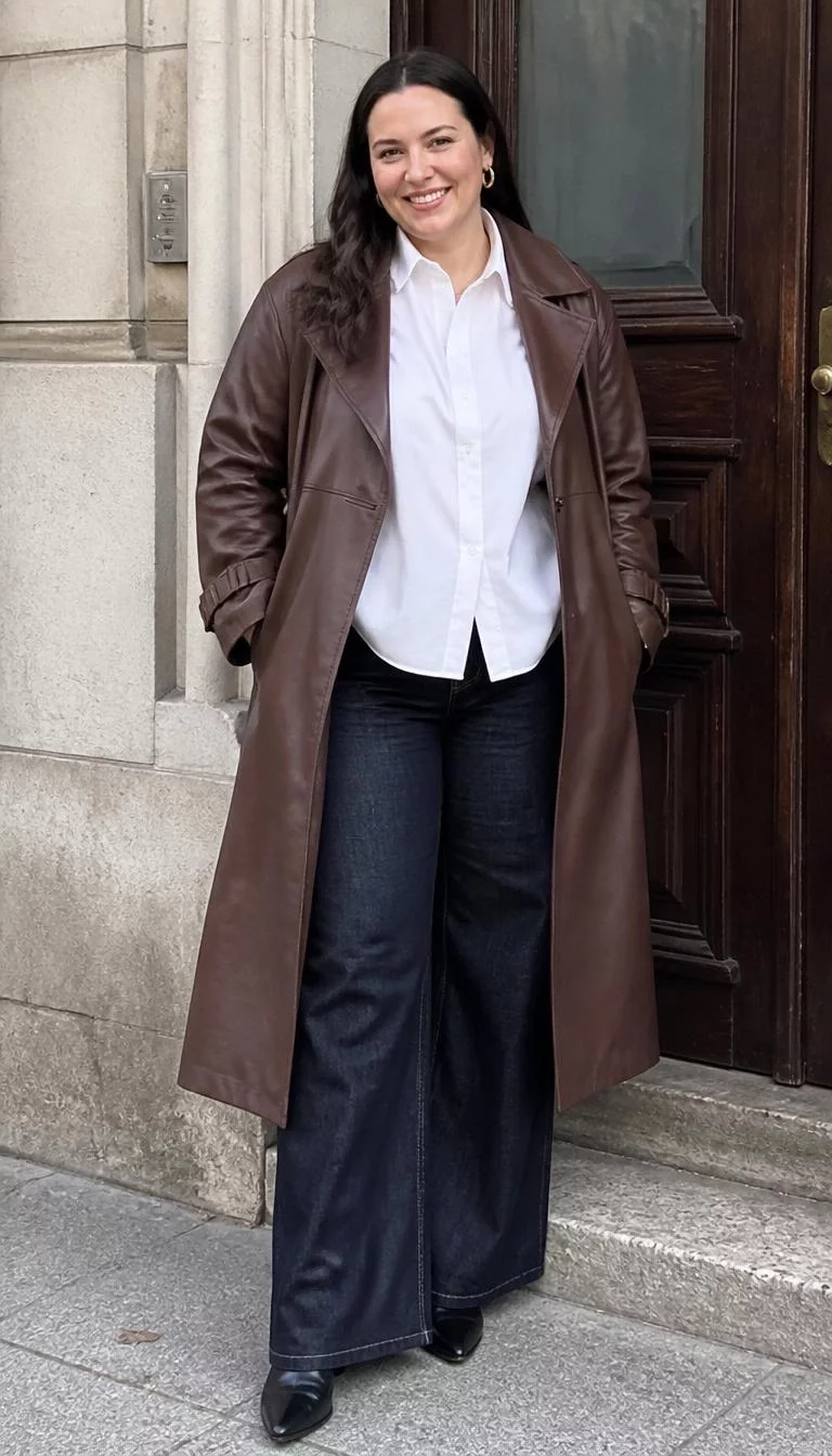 Brown Faux Leather Trench Coat And Wide Leg Jeans A photorealistic full body shot of a 36-year-old Northern European plus-size woman with a heart-shaped face, light, broad nose, thin arched eyebrows, and thin lips. Her face features beauty mark near the lip, subtle acne marks, and subtle natural facial asymmetry. She has almond-shaped blue eyes, high cheekbones, broad smile, cheerful. She has dark hair and is wearing a white button-down shirt, dark wash wide-leg jeans, a brown faux leather trench coat, and black pointed boots, everyday social media post aesthetic, high-quality mobile photography, shot on an iPhone 14.