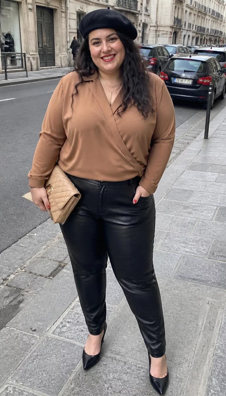 Tan Blouse And Black Leather Pants With Black Beret A photorealistic full body shot of a 41-year-old Southern European plus-size woman with a pear-shaped face, fair, button nose, feathered eyebrows, and heart-shaped lips. Her face features beauty mark near the lip, a few laugh lines, and subtle natural facial asymmetry. She has deep-set amber eyes, pronounced cheekbones, broad smile, playful. She has long, dark, wavy hair and is wearing a tan blouse, black leather pants, and a black beret, holding a beige quilted purse, everyday social media post aesthetic, high-quality mobile photography, shot on an iPhone 14.