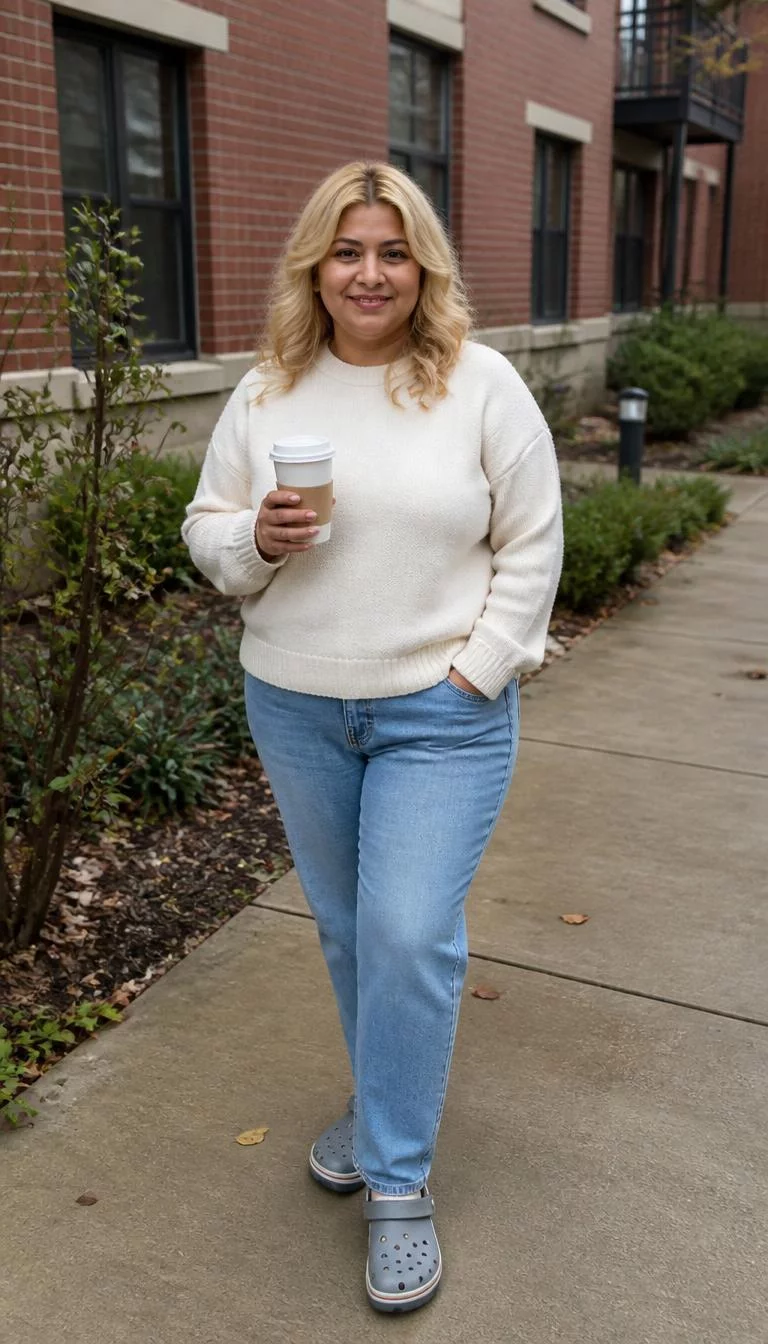 Cream Sweater And Light Blue Jeans With Grey Clogs A photorealistic full body shot of a 45-year-old South Asian plus-size woman with a round face, deep brown, upturned nose, feathered eyebrows, and thin lips. Her face features slightly crooked smile, slightly flushed cheeks, and subtle natural facial asymmetry. She has round hazel eyes, high cheekbones, subtle smile, cheerful. She has blonde, wavy hair and is wearing a cream sweater, light blue jeans, and grey clogs, she holds a coffee cup, outdoors, everyday social media post aesthetic, high-quality mobile photography, shot on an iPhone 14.