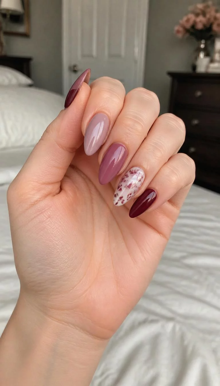 Mauve And Berry Florals A photorealistic close-up shot of a woman's fair skin tone hand with five fingers, showcasing pointed almond nails featuring varying shades of mauve and berry, with one accent nail featuring a floral pattern, bedroom background