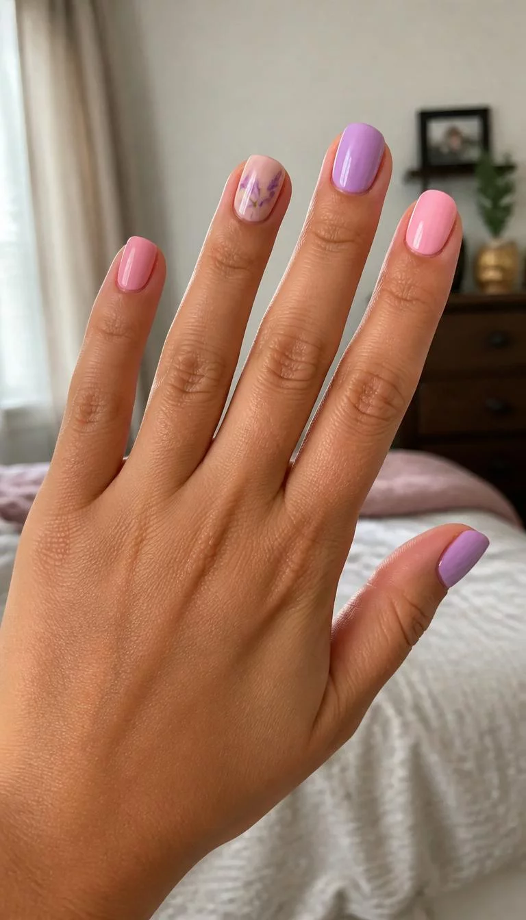 Pastel Lavender Floral Vines A photorealistic close-up shot of a woman's olive skin tone hand with five fingers, showcasing short rounded nails featuring pastel pink and lavender, with delicate floral vine accents, bedroom background