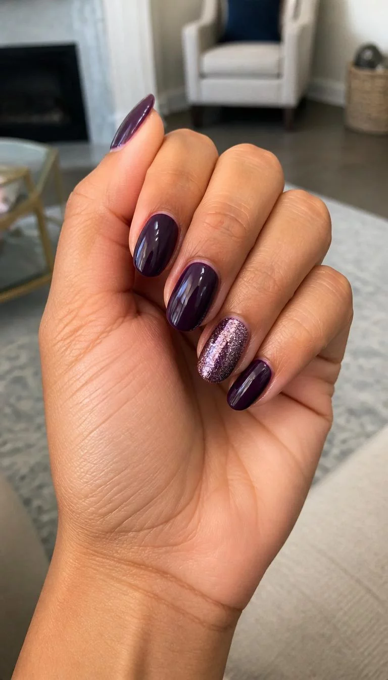 Shimmering Plum Glitter Accent A photorealistic close-up shot of a woman's tan skin tone hand with five fingers, showcasing medium-length oval nails featuring plum with accent nails adorned in shimmering purple glitter, living room background