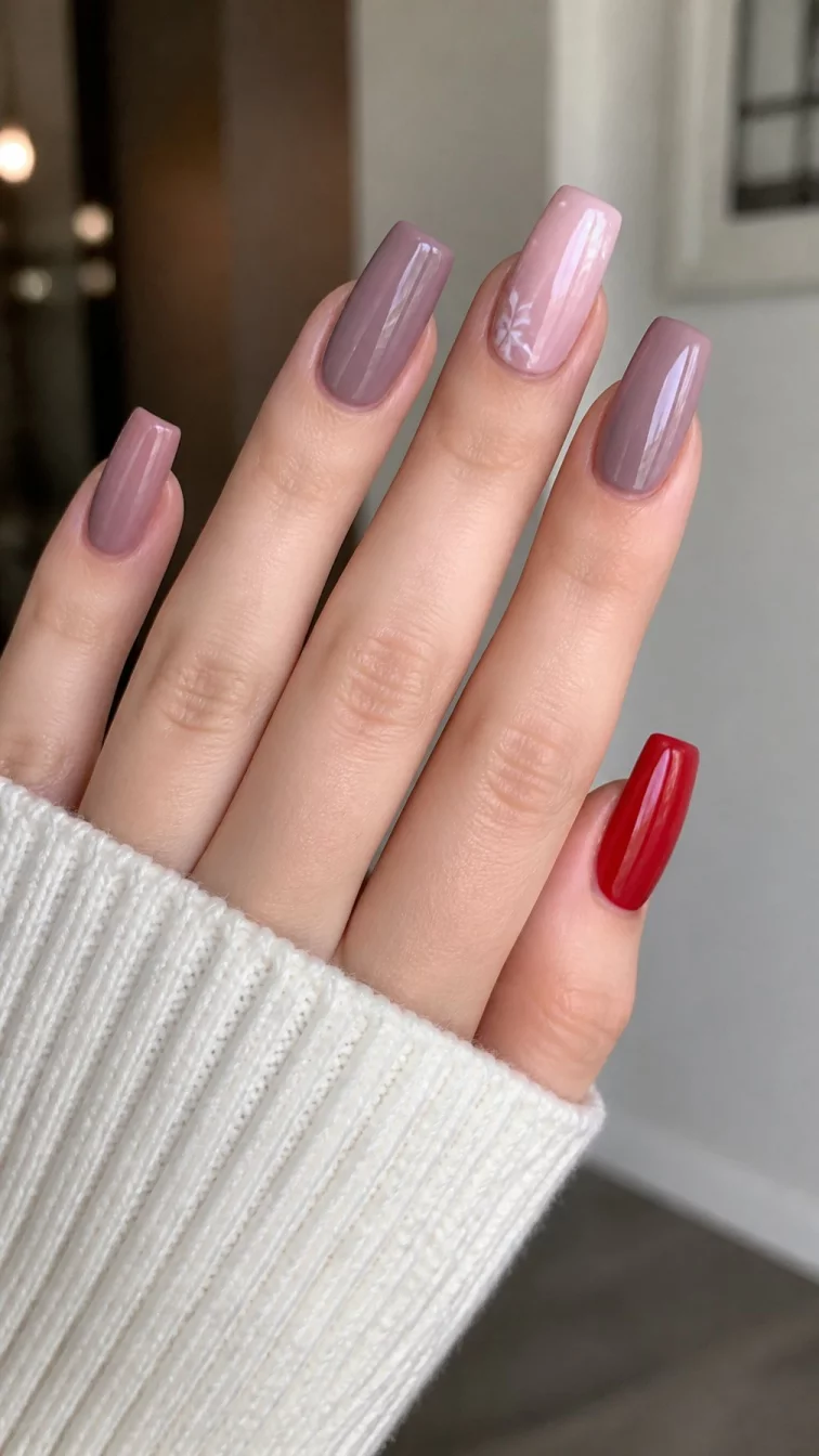 A photorealistic close-up shot of a woman's fair skin tone hand with five fingers, showcasing long, square-shaped nails featuring mauve, with one accent nail featuring a gradient and floral pattern, and a bright red nail, indoor background