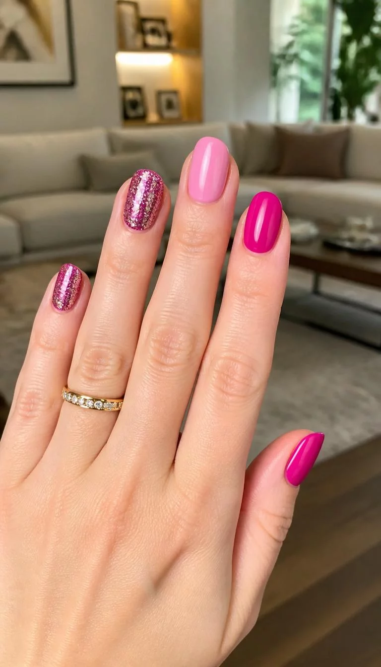 Fuchsia And Pink Sparkle A photorealistic close-up shot of a woman's fair skin tone hand with five fingers, showcasing short, oval nails featuring bright fuchsia and soft pink with glitter accents, living room background