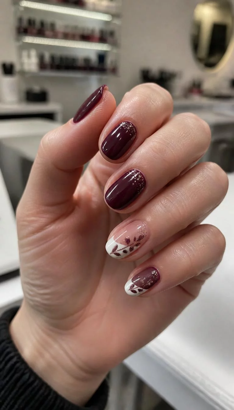 Plum Oval With Leaf Details A photorealistic close-up shot of a woman's light skin tone hand with five fingers, showcasing oval nails featuring a deep plum polish, glitter accents and a white tip with leaf design, nail salon background