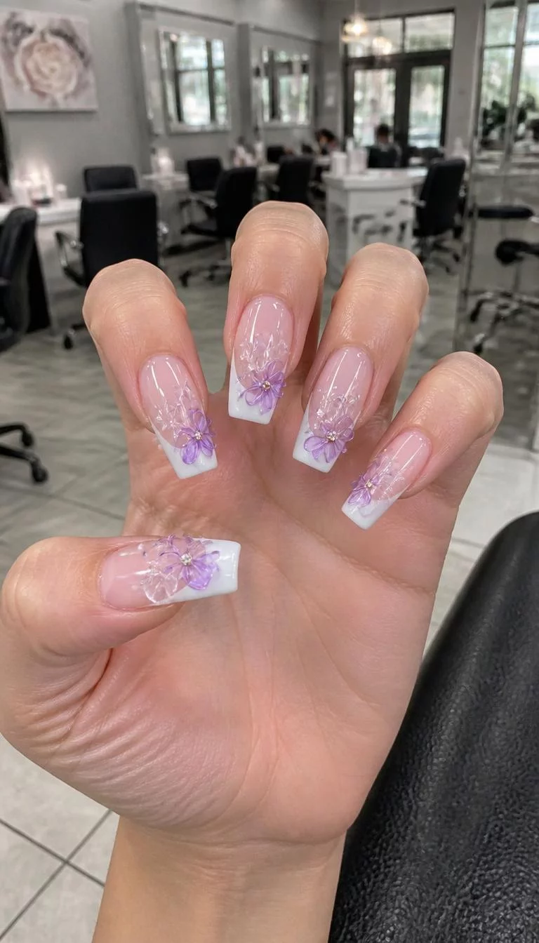 Clear And Purple 3D Florals A photorealistic close-up shot of a woman's light skin tone hand with five fingers, showcasing long, sculpted nails featuring a French tip and floral 3D embellishments in clear and purple, nail salon background