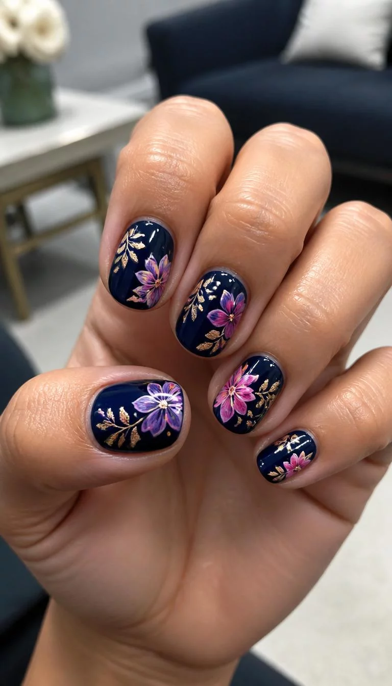 Dark Navy With Purple Florals A photorealistic close-up shot of a woman's olive skin tone hand with five fingers, showcasing short, rounded nails featuring a dark navy base, adorned with purple and pink floral designs and gold leaf accents, indoor background