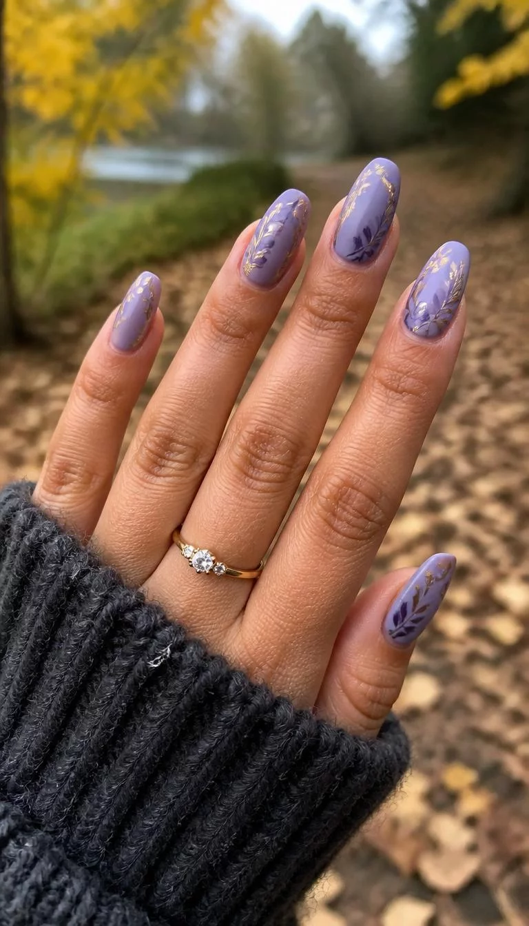 Matte Lavender Gold Accents A photorealistic close-up shot of a woman's olive skin tone hand with five fingers, showcasing matte lavender almond-shaped nails featuring delicate leaf designs incorporating gold accents, outdoor fall background