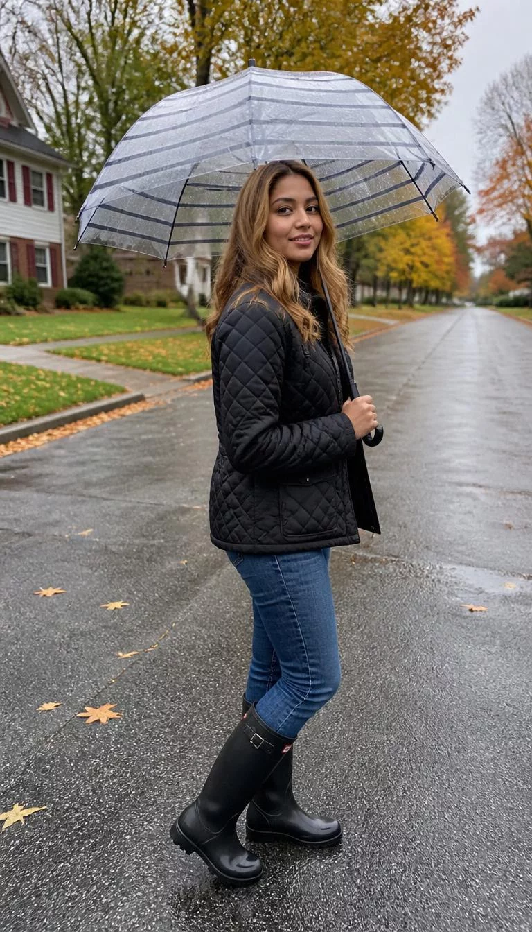 Black Quilted Jacket And Clear Umbrella A photorealistic full body shot of a 28-year-old South Asian woman with a pear-shaped face, light, straight nose, thin arched eyebrows, and wide lips. Her face features beauty mark near the lip, subtle acne marks, and subtle natural facial asymmetry. She has deep-set amber eyes, pronounced cheekbones, subtle smile, cheerful. She is athletic build with wavy blonde loose hair and is wearing a black quilted jacket, blue jeans, and black rain boots, holding a clear striped umbrella on a fall road, everyday social media post aesthetic, high-quality mobile photography, shot on an iPhone 14.