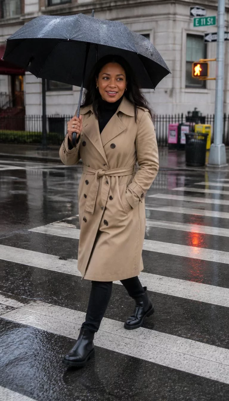 Khaki Trench Coat And Black Turtleneck A photorealistic full body shot of a 42-year-old Afro-Caribbean woman with a square face, tan, upturned nose, feathered eyebrows, and wide lips. Her face features widow's peak hairline, slightly flushed cheeks, and subtle natural facial asymmetry. She has hooded hazel eyes, high cheekbones, broad smile, confident. She is petite with dark loose hair and is wearing a khaki trench coat, black turtleneck, black pants, and black boots, holding a black umbrella, crossing a wet street, everyday social media post aesthetic, high-quality mobile photography, shot on an iPhone 14.