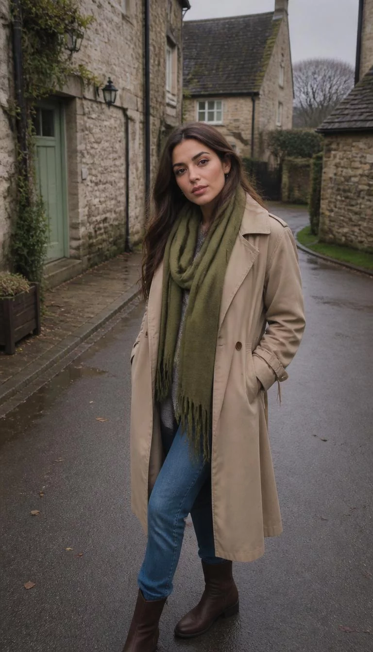 Beige Trench And Green Scarf A photorealistic full body shot of a 32-year-old Middle Eastern woman with a heart-shaped face, dark brown, upturned nose, thin arched eyebrows, and full lips. Her face features small scar on the eyebrow, light freckles, and subtle natural facial asymmetry. She has hooded blue eyes, soft cheekbones, neutral expression, playful. She is average build with long brown loose hair and is wearing a beige trench coat, green scarf, blue jeans, and brown boots, in a quaint village setting, everyday social media post aesthetic, high-quality mobile photography, shot on an iPhone 14.