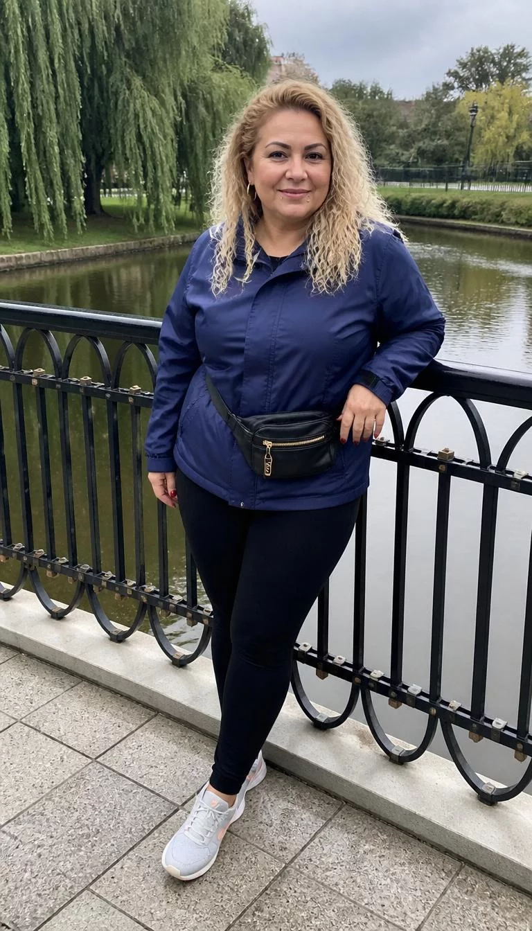 Navy Rain Jacket And White Sneakers A photorealistic full body shot of a 48-year-old Middle Eastern woman with a round face, fair, rounded nose, thin arched eyebrows, and thin lips. Her face features beauty mark near the lip, visible pores, and subtle natural facial asymmetry. She has almond-shaped blue eyes, high cheekbones, subtle smile, relaxed. She is curvy build with curly blonde loose hair and is wearing a navy blue rain jacket, black leggings, fanny pack, and white sneakers, everyday social media post aesthetic, high-quality mobile photography, shot on an iPhone 14.
