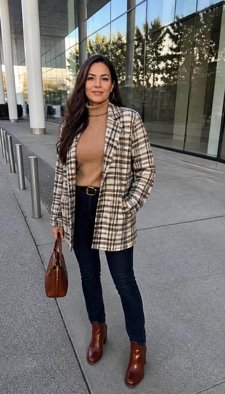 Plaid Jacket And Tan Turtleneck A photorealistic full body shot of a 42-year-old Latina woman with a square face, olive, upturned nose, feathered eyebrows, and full lips. Her face features uneven eyebrows, a few laugh lines, and subtle natural facial asymmetry. She has downturned blue eyes, soft cheekbones, closed-mouth smile, confident. She is slim with long brown loose hair and is wearing a plaid jacket, tan turtleneck, dark jeans, and brown boots, standing in front of a modern glass building, everyday social media post aesthetic, high-quality mobile photography, shot on an iPhone 14.