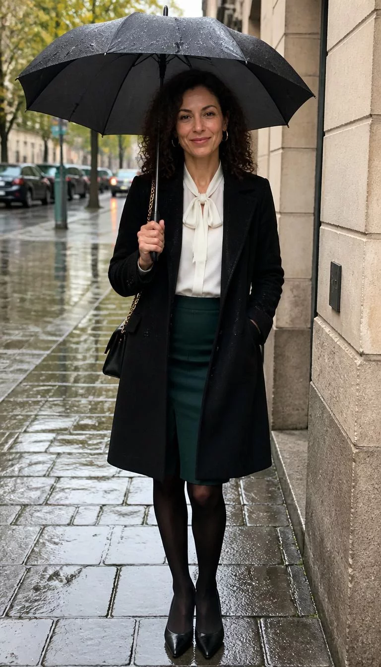 Black Coat And Green Skirt A photorealistic full body shot of a 40-year-old Mediterranean woman with a square face, fair, broad nose, thin arched eyebrows, and thin lips. Her face features slightly crooked smile, light freckles, and subtle natural facial asymmetry. She has almond-shaped green eyes, high cheekbones, closed-mouth smile, cheerful. She is slim with curly brown loose hair and is wearing a black coat, white blouse with a bow, green skirt, and black tights, holding a black umbrella on a wet street, everyday social media post aesthetic, high-quality mobile photography, shot on an iPhone 14.