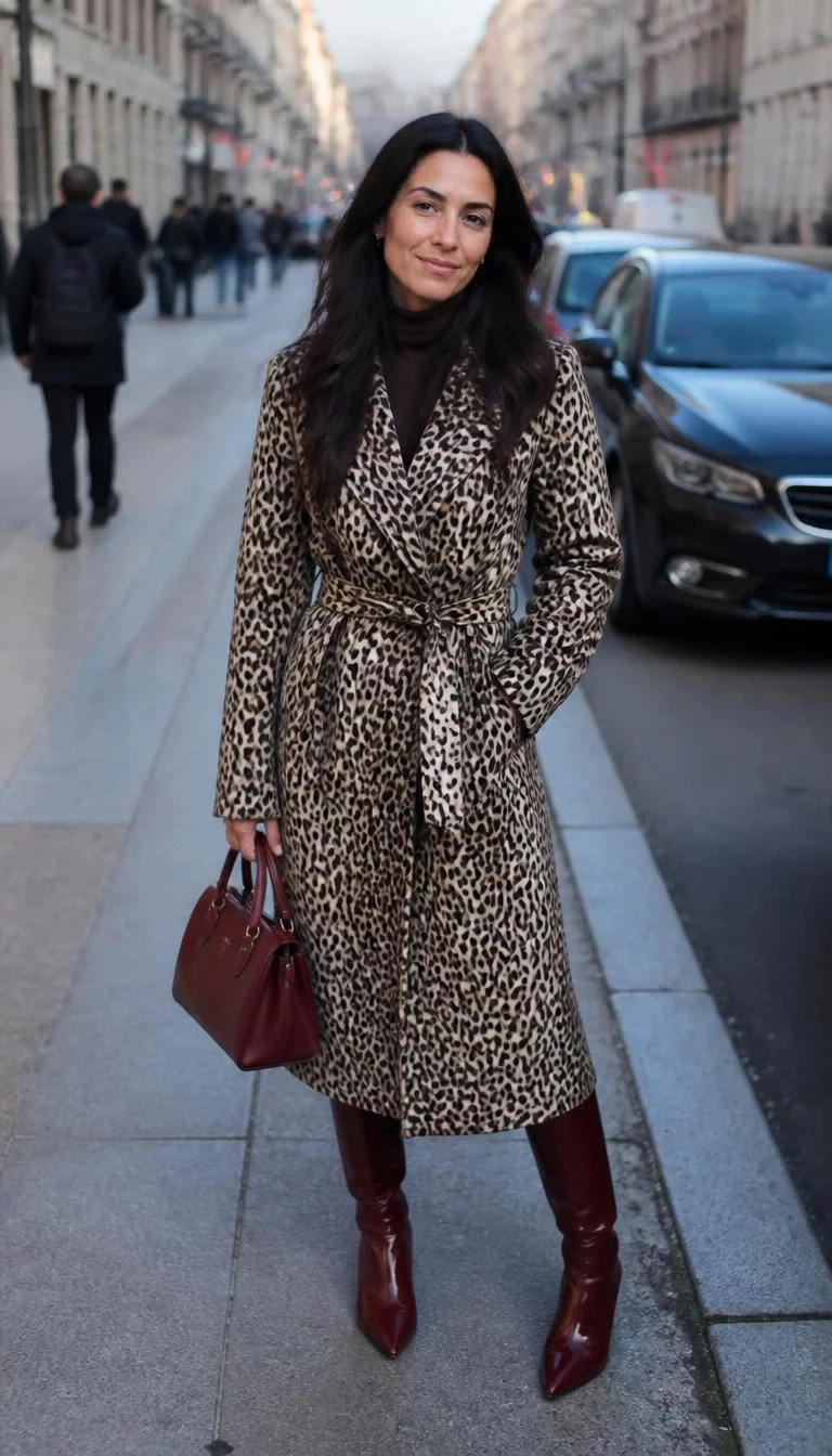 Leopard Print Trench And Red Boots A photorealistic full body shot of a 45-year-old Mediterranean woman with a heart-shaped face, dark brown, straight nose, feathered eyebrows, and heart-shaped lips. Her face features beauty mark near the lip, light freckles, and subtle natural facial asymmetry. She has deep-set brown eyes, pronounced cheekbones, closed-mouth smile, confident. She is slim with long dark loose hair and is wearing a leopard-print trench coat, a turtleneck, and red knee-high boots, holding a burgundy handbag on a city street, everyday social media post aesthetic, high-quality mobile photography, shot on an iPhone 14.