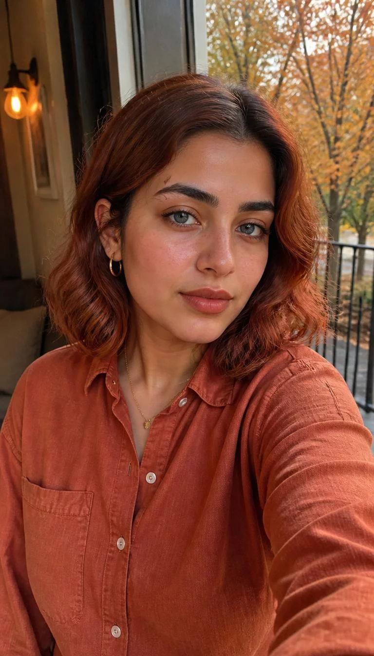 Pumpkin Spice Glow selfie of a 23-year-old Middle Eastern woman with a round face, tan, aquiline nose, straight eyebrows, and heart-shaped lips. Her face features small scar on the eyebrow, light freckles, and subtle natural facial asymmetry. She has almond-shaped blue eyes, rounded cheeks, neutral expression, relaxed. She is petite and is wearing a Burnt Orange Chambray Shirt with pumpkin spice wavy bob hair, warm indoor lighting, fall outdoor background