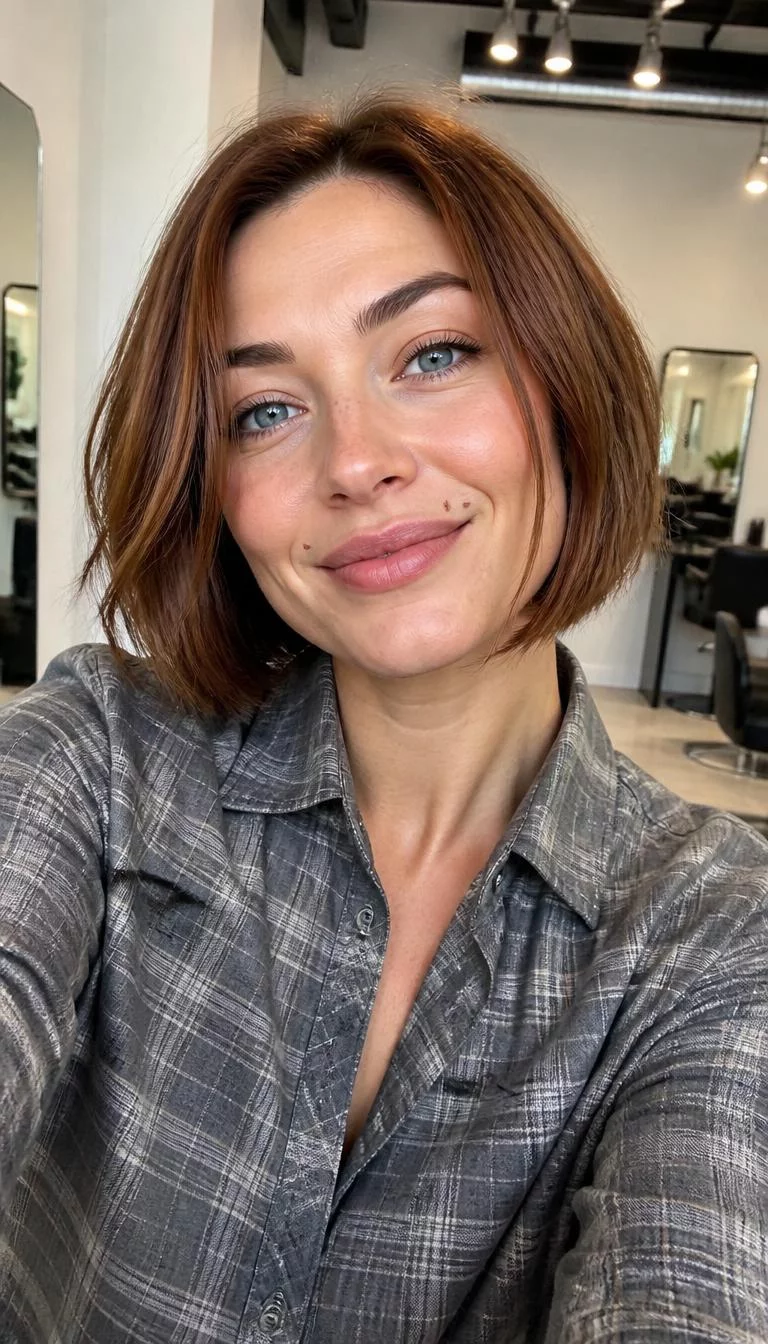 selfie of a 28-year-old Eastern European woman with a oblong face, olive, button nose, thin arched eyebrows, and wide lips. Her face features beauty mark near the lip, a few laugh lines, and subtle natural facial asymmetry. She has upturned blue eyes, rounded cheeks, broad smile, thoughtful. She is athletic and is wearing a Gray Plaid Shirt with muted copper chin-length French bob hair, bright natural daylight, hair salon