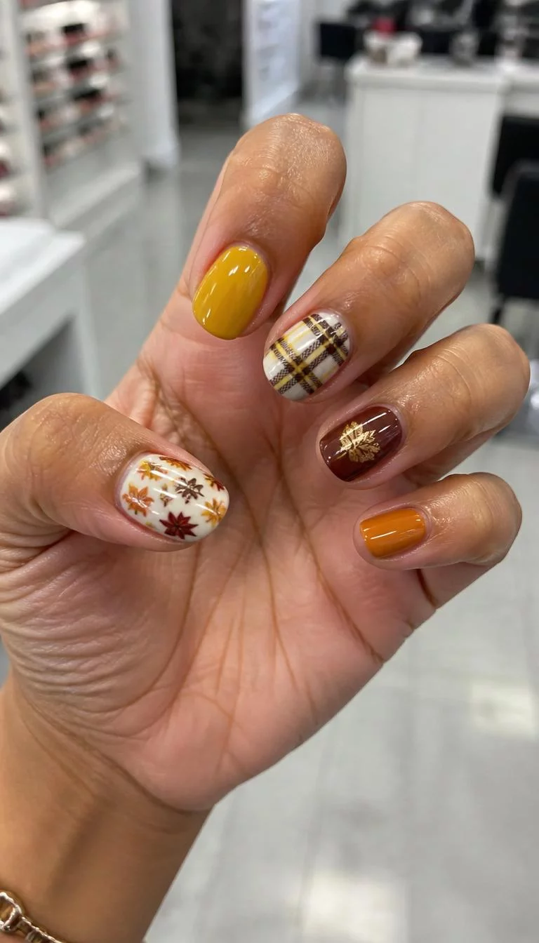 Mustard Yellow and Plaid Collage A photorealistic close-up shot of a woman's tan skin tone hand with five fingers, showcasing various short nail shapes featuring yellow, mustard, plaid, and autumn leaves, nail salon background