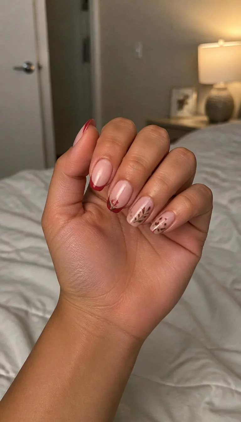 Brick Red Tips With Delicate Florals A photorealistic close-up shot of a woman's tan skin tone hand with five fingers, showcasing almond short nails nails featuring a classic French tip in deep brick red and accent nails with floral and leaf designs, bedroom background
