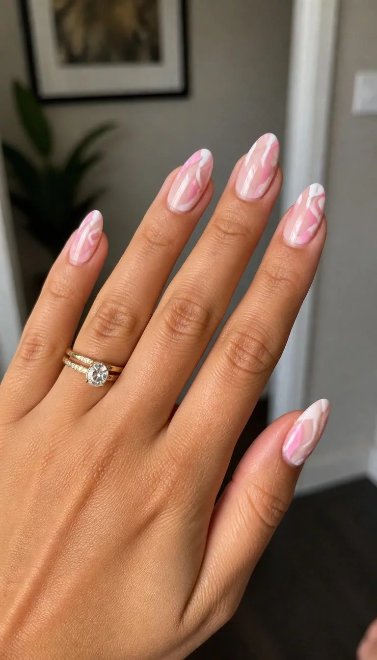 A photorealistic close-up shot of a woman's tan skin tone hand with five fingers, showcasing almond medium nails featuring an abstract wavy design in pink and white over a sheer base, indoor background