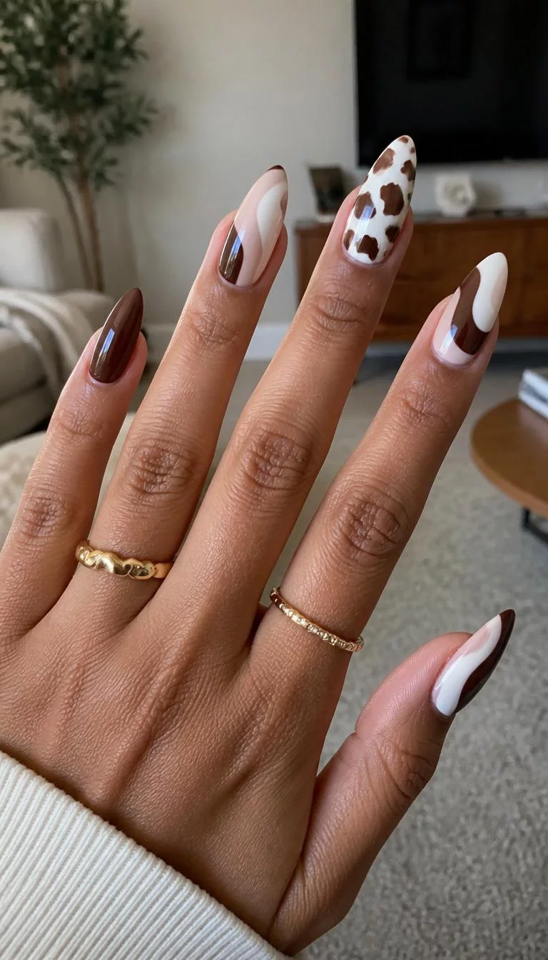 A photorealistic close-up shot of a woman's medium skin tone hand with five fingers, showcasing almond long nails featuring alternating abstract patterns of brown, white, and cream, including cow print, living room background
