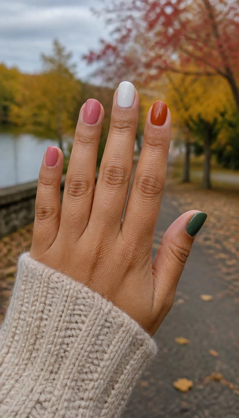 A photorealistic close-up shot of a woman's olive skin tone hand with five fingers, showcasing short rounded nails featuring a mix of pastel shades: pink, white, terracotta, and forest green, outdoor fall background