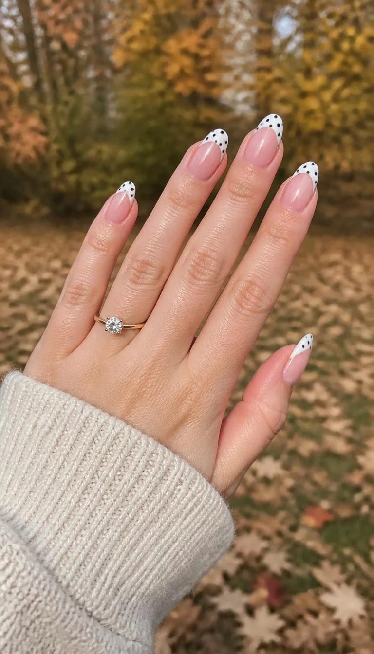 A photorealistic close-up shot of a woman's fair skin tone hand with five fingers, showcasing almond medium nails featuring white tips adorned with black polka dots in a French manicure style, outdoor fall background