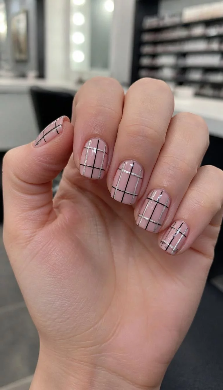 A photorealistic close-up shot of a woman's light skin tone hand with five fingers, showcasing short square nails featuring a soft blush pink with a refined plaid design using silver and black lines, nail salon background