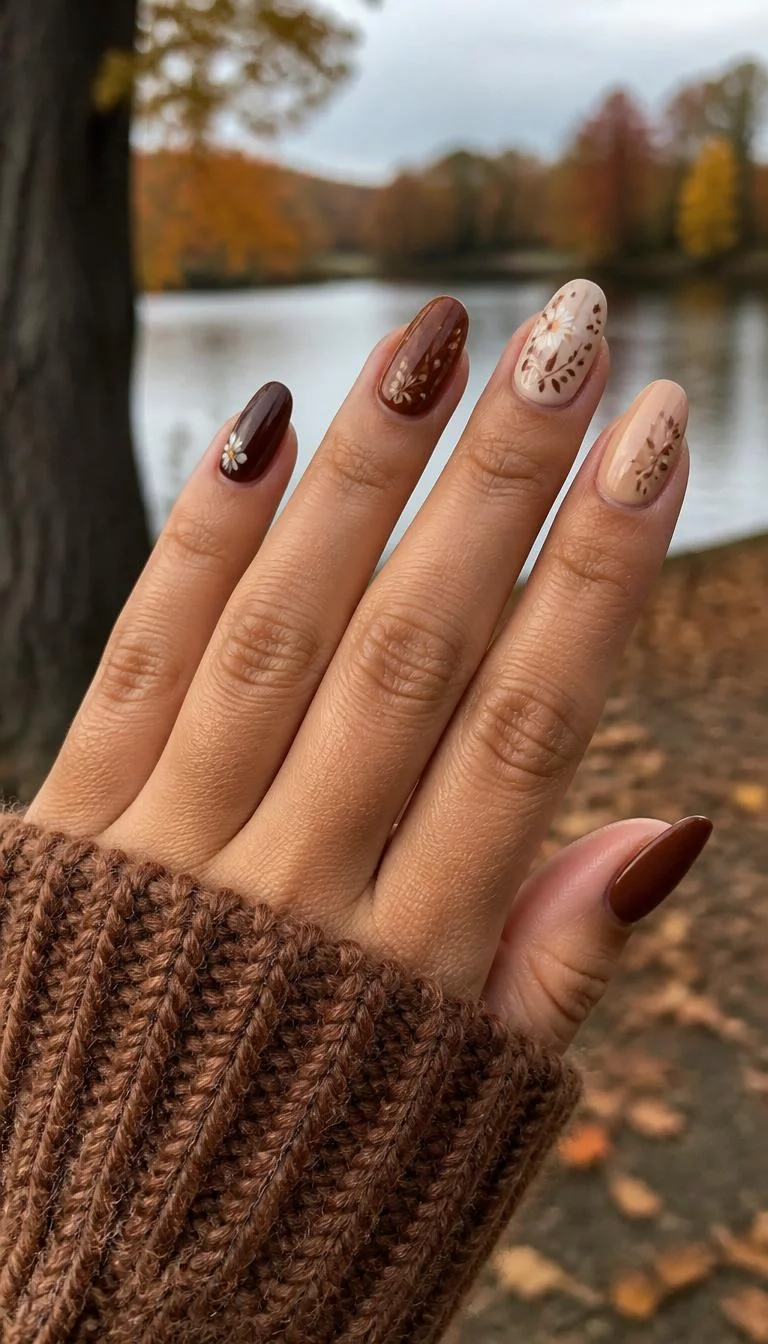 A photorealistic close-up shot of a woman's medium skin tone hand with five fingers, showcasing oval medium nails featuring a mix of brown and beige tones, adorned with delicate floral and leaf motifs, outdoor fall background